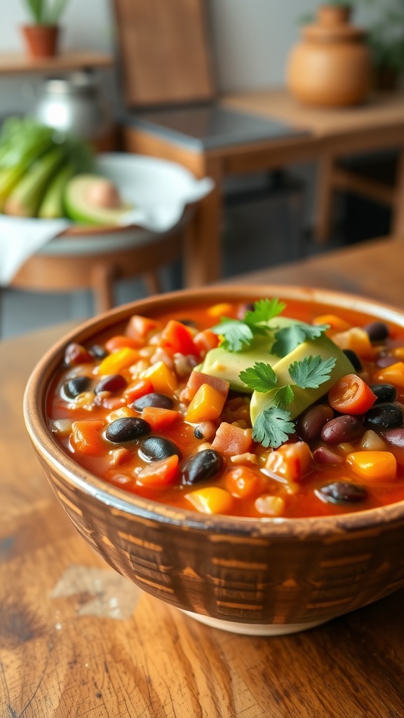 A hearty bowl of three bean chili with garnishes of cilantro and avocado, surrounded by a rustic kitchen ambiance.